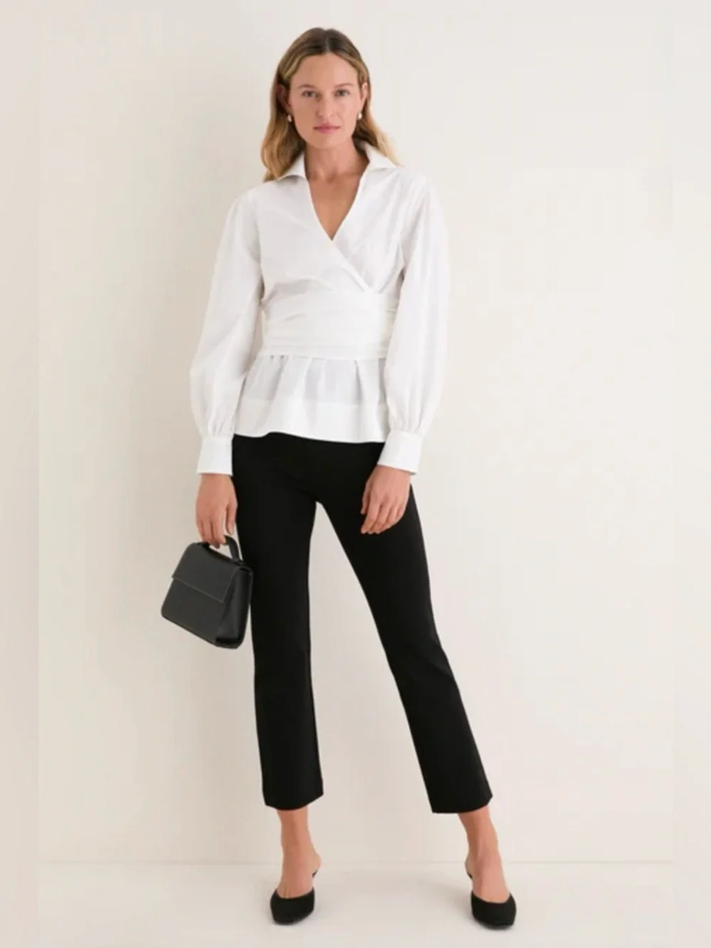 Tuckernuck Tie Front Bow Bea Blouse Wrap Waist Poplin Puff Sleeves- Women Size:M
